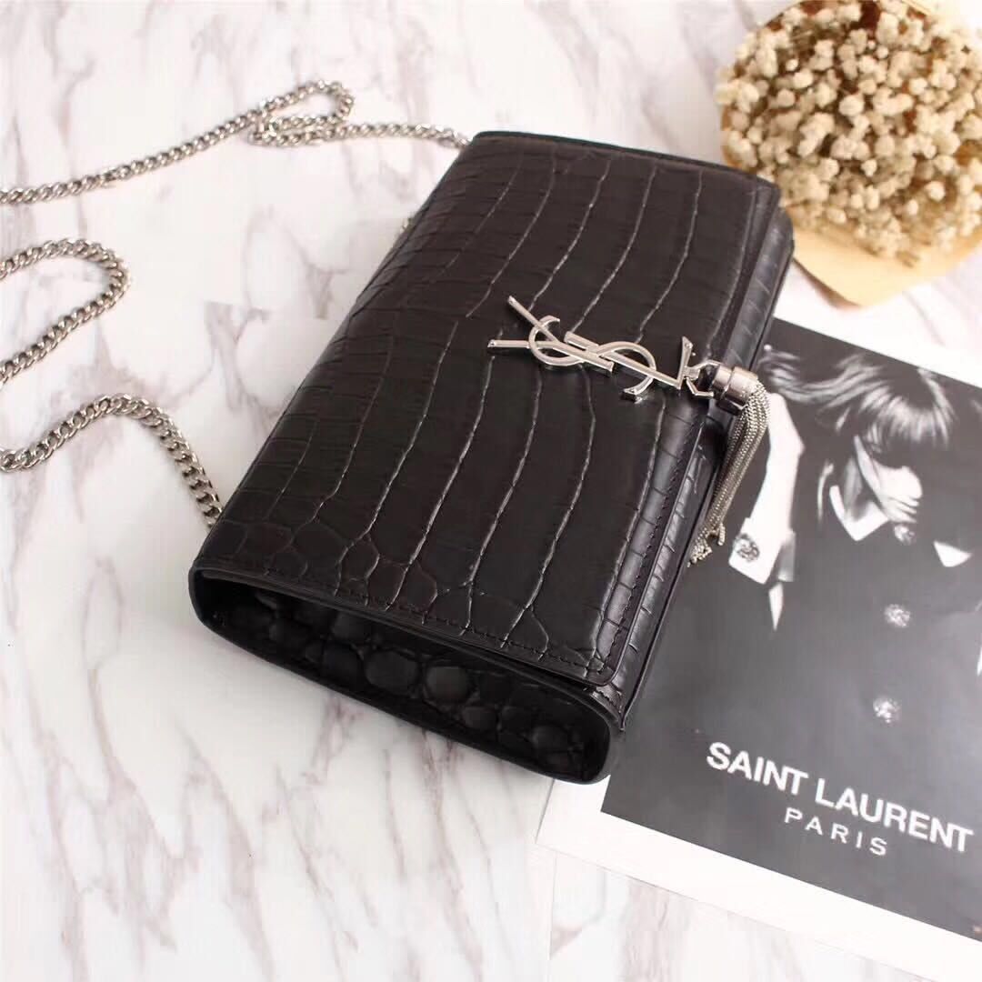 Yves Saint Laurent Croco Leather Cross-body Shoulder Bag 131224 Black Yves Saint Laurent Croco Leather Cross-body Shoulder Bag 131224 Black