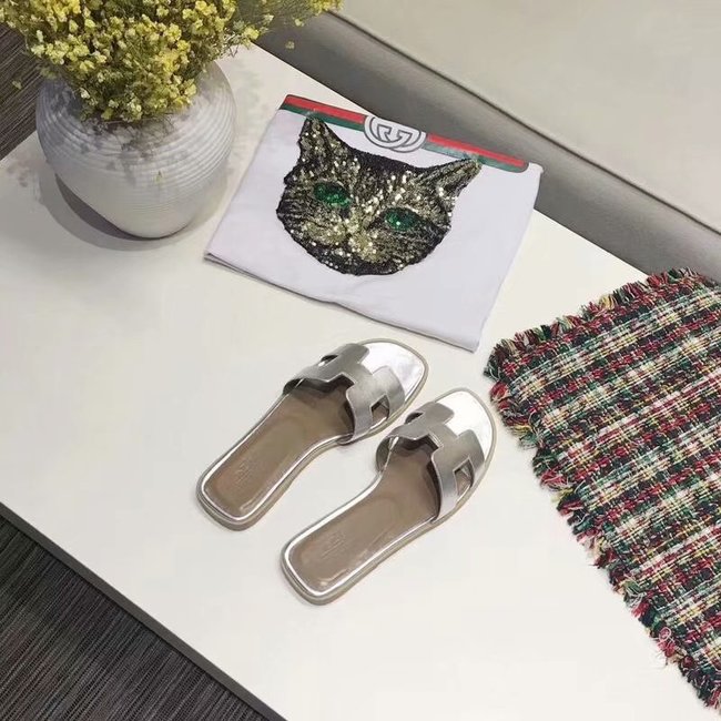 Hermes lady leather fashion Slipper HO809HMJ silver Hermes lady leather fashion Slipper HO809HMJ silver