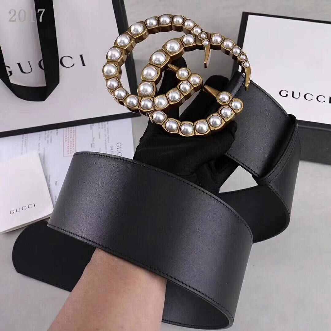 Gucci Wide leather belt with pearl Double G 453261 black Gucci Wide leather belt with pearl Double G 453261 black