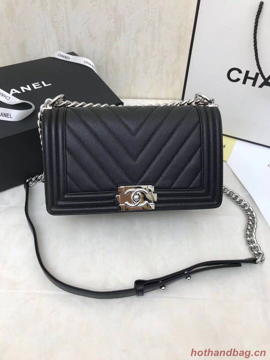 Chanel Boy Flap Caviar Original V Leather Shoulder Black Bag A67086 Silver Chanel Boy Flap Caviar Original V Leather Shoulder Black Bag A67086 Silver