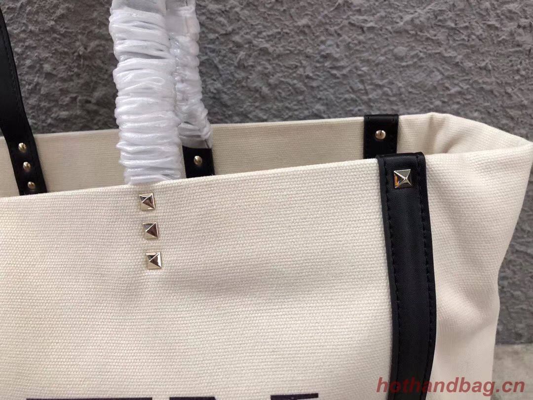 VALENTINO Rockstud Canvas Shopping Bag V0978 Wihte&Black VALENTINO Rockstud Canvas Shopping Bag V0978 Wihte&Black