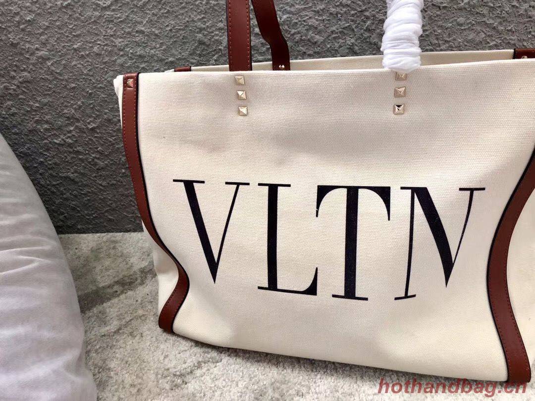 VALENTINO Rockstud Canvas Shopping Bag V0978 Wihte&Wine VALENTINO Rockstud Canvas Shopping Bag V0978 Wihte&Wine
