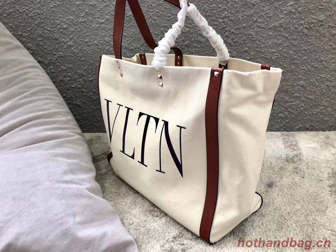 VALENTINO Rockstud Canvas Shopping Bag V0978 Wihte&Wine VALENTINO Rockstud Canvas Shopping Bag V0978 Wihte&Wine