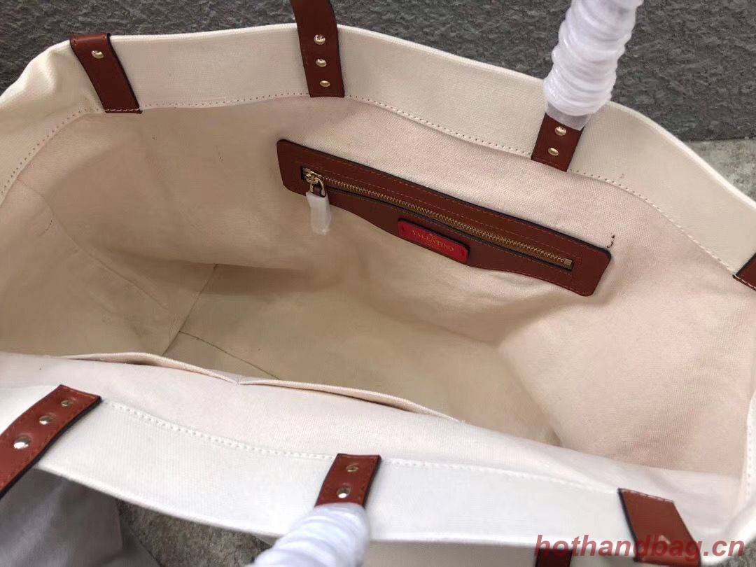 VALENTINO Rockstud Canvas Shopping Bag V0978 Wihte&Wine VALENTINO Rockstud Canvas Shopping Bag V0978 Wihte&Wine