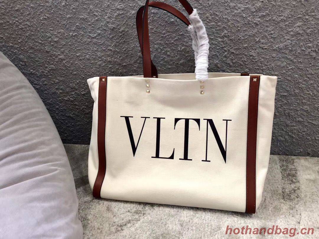 VALENTINO Rockstud Canvas Shopping Bag V0978 Wihte&Wine VALENTINO Rockstud Canvas Shopping Bag V0978 Wihte&Wine