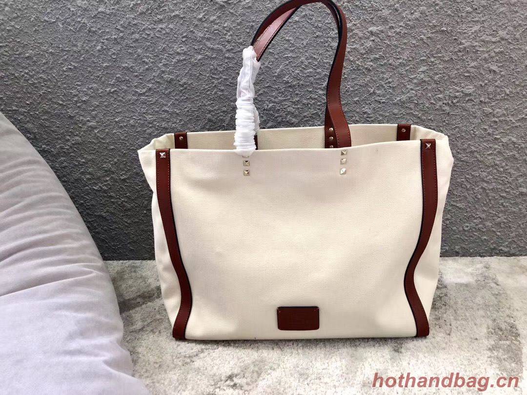VALENTINO Rockstud Canvas Shopping Bag V0978 Wihte&Wine VALENTINO Rockstud Canvas Shopping Bag V0978 Wihte&Wine