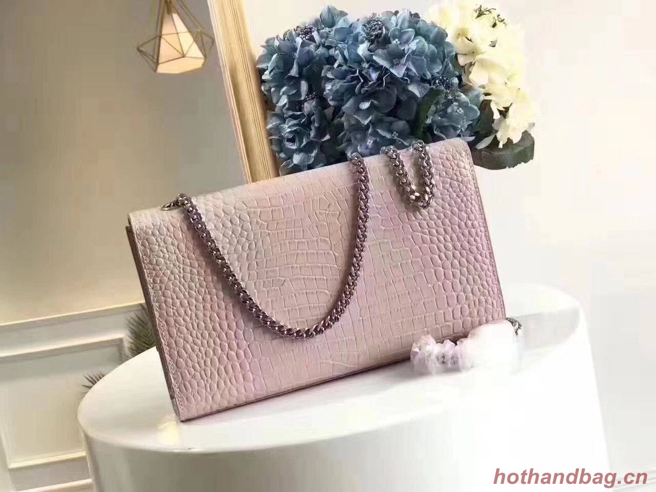 Yves Saint Laurent Crocodile Original Leather Shoulder Bag 1456 Pink&Silver Yves Saint Laurent Crocodile Original Leather Shoulder Bag 1456 Pink&Silver