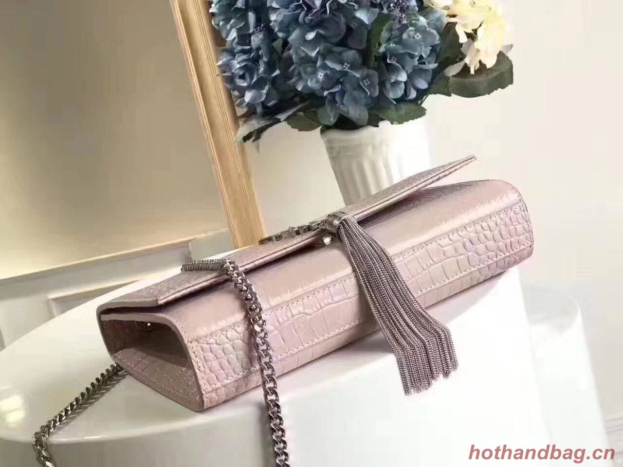 Yves Saint Laurent Crocodile Original Leather Shoulder Bag 1456 Pink&Silver Yves Saint Laurent Crocodile Original Leather Shoulder Bag 1456 Pink&Silver