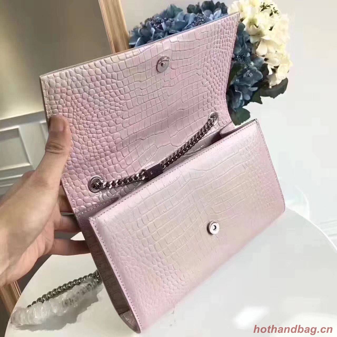 Yves Saint Laurent Crocodile Original Leather Shoulder Bag 1456 Pink&Silver Yves Saint Laurent Crocodile Original Leather Shoulder Bag 1456 Pink&Silver