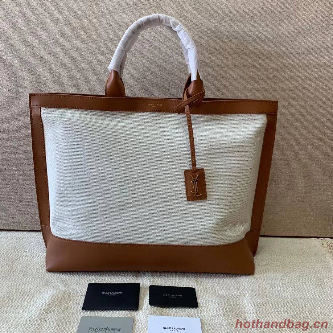 Yves Saint Laurent SHOPPING TAG IN CANVAS AND LEATHER Y615719 brown&white Yves Saint Laurent SHOPPING TAG IN CANVAS AND LEATHER Y615719 brown&white
