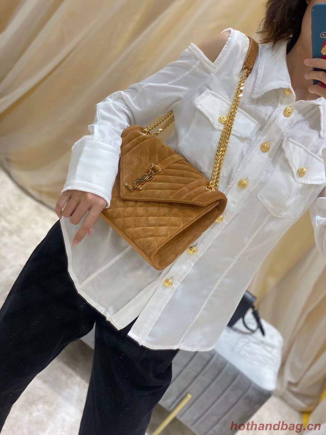 YSL ENVELOPPE MEDIUM BAG IN MIX MATELASSE GRAIN DE POUDRE EMBOSSED IN SUEDE Y487206 brown YSL ENVELOPPE MEDIUM BAG IN MIX MATELASSE GRAIN DE POUDRE EMBOSSED IN SUEDE Y487206 brown