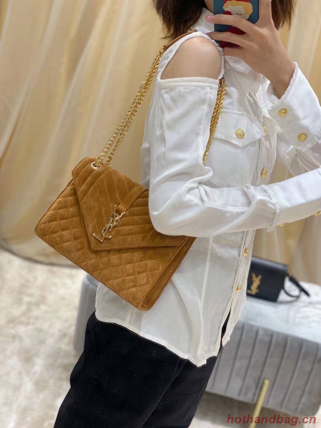 YSL ENVELOPPE MEDIUM BAG IN MIX MATELASSE GRAIN DE POUDRE EMBOSSED IN SUEDE Y487206 brown YSL ENVELOPPE MEDIUM BAG IN MIX MATELASSE GRAIN DE POUDRE EMBOSSED IN SUEDE Y487206 brown