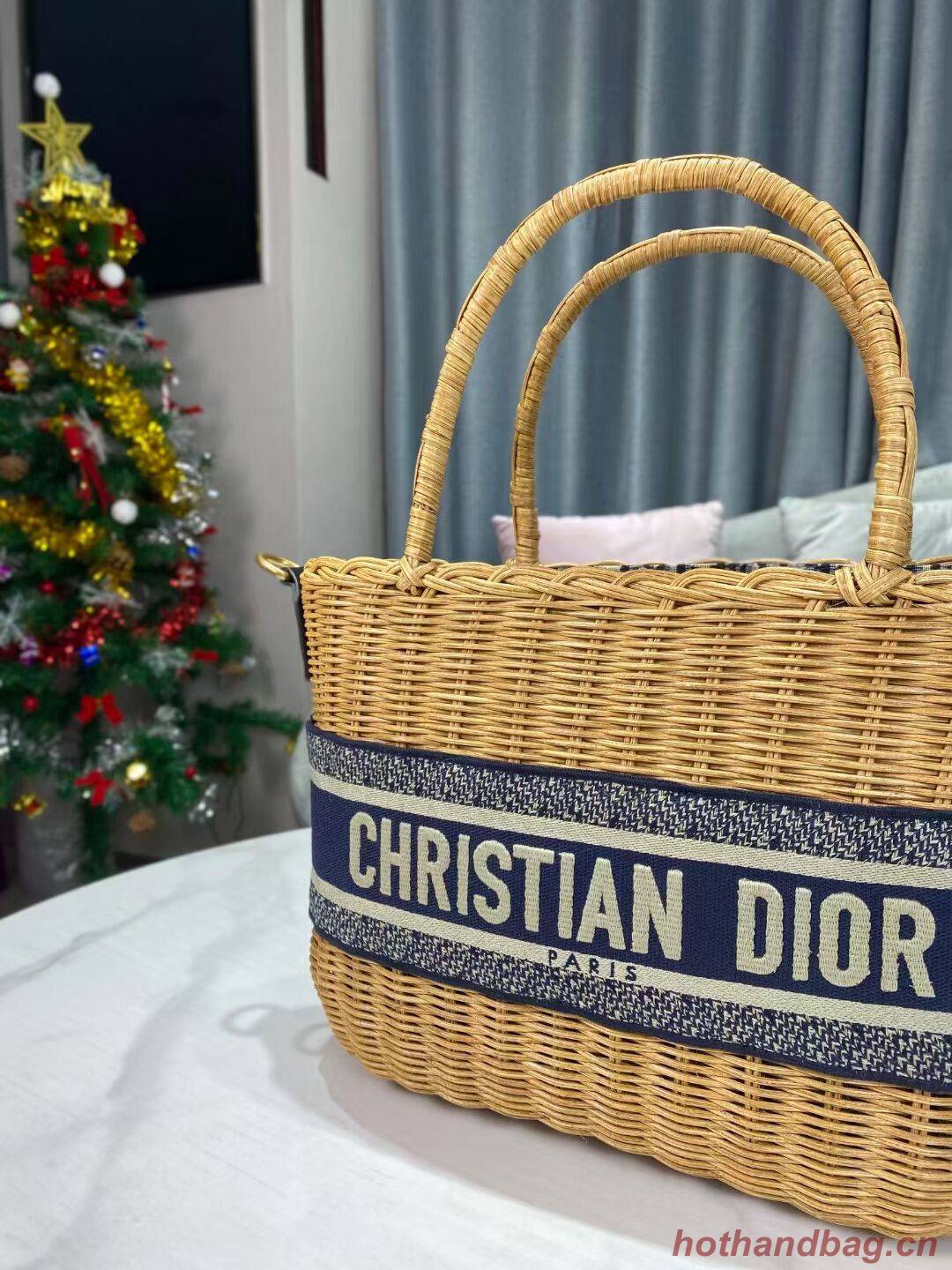 DIOR WICKER BASKET BAG Blue Dior Oblique Jacquard and Natural Wicker M7601 DIOR WICKER BASKET BAG Blue Dior Oblique Jacquard and Natural Wicker M7601