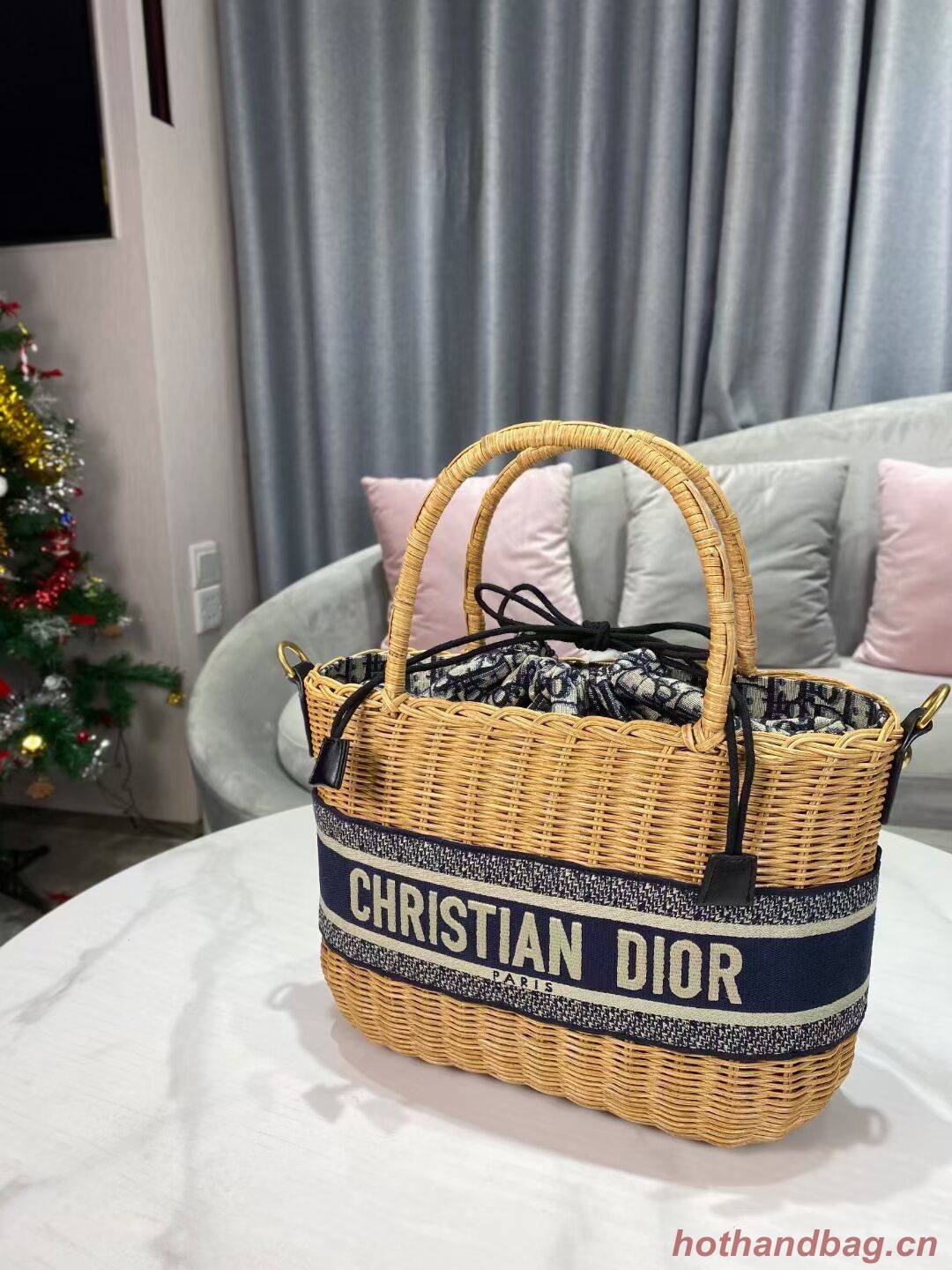 DIOR WICKER BASKET BAG Blue Dior Oblique Jacquard and Natural Wicker M7601 DIOR WICKER BASKET BAG Blue Dior Oblique Jacquard and Natural Wicker M7601