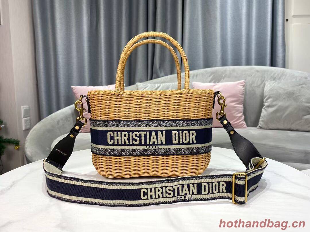 DIOR WICKER BASKET BAG Blue Dior Oblique Jacquard and Natural Wicker M7601 DIOR WICKER BASKET BAG Blue Dior Oblique Jacquard and Natural Wicker M7601