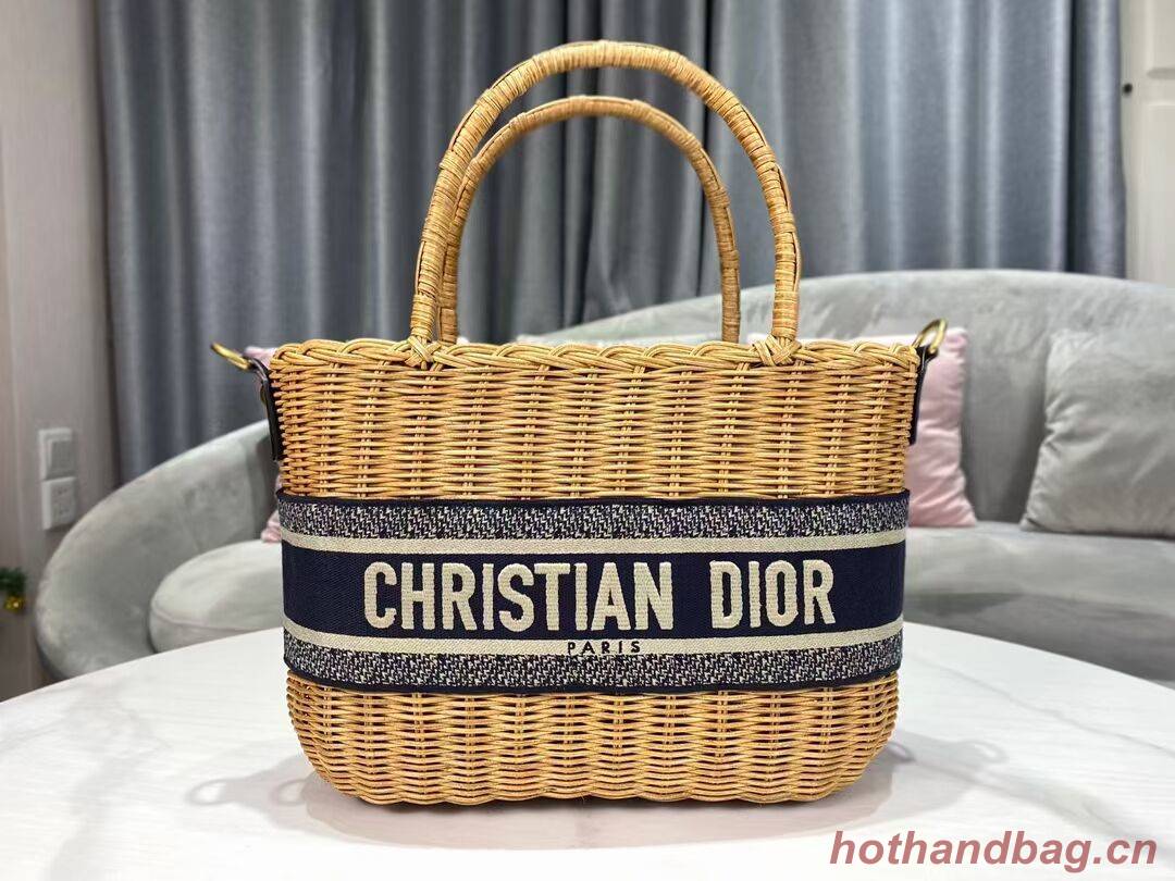 DIOR WICKER BASKET BAG Blue Dior Oblique Jacquard and Natural Wicker M7601 DIOR WICKER BASKET BAG Blue Dior Oblique Jacquard and Natural Wicker M7601
