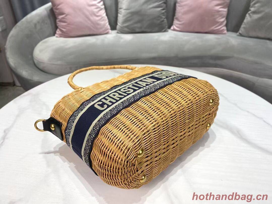 DIOR WICKER BASKET BAG Blue Dior Oblique Jacquard and Natural Wicker M7601 DIOR WICKER BASKET BAG Blue Dior Oblique Jacquard and Natural Wicker M7601