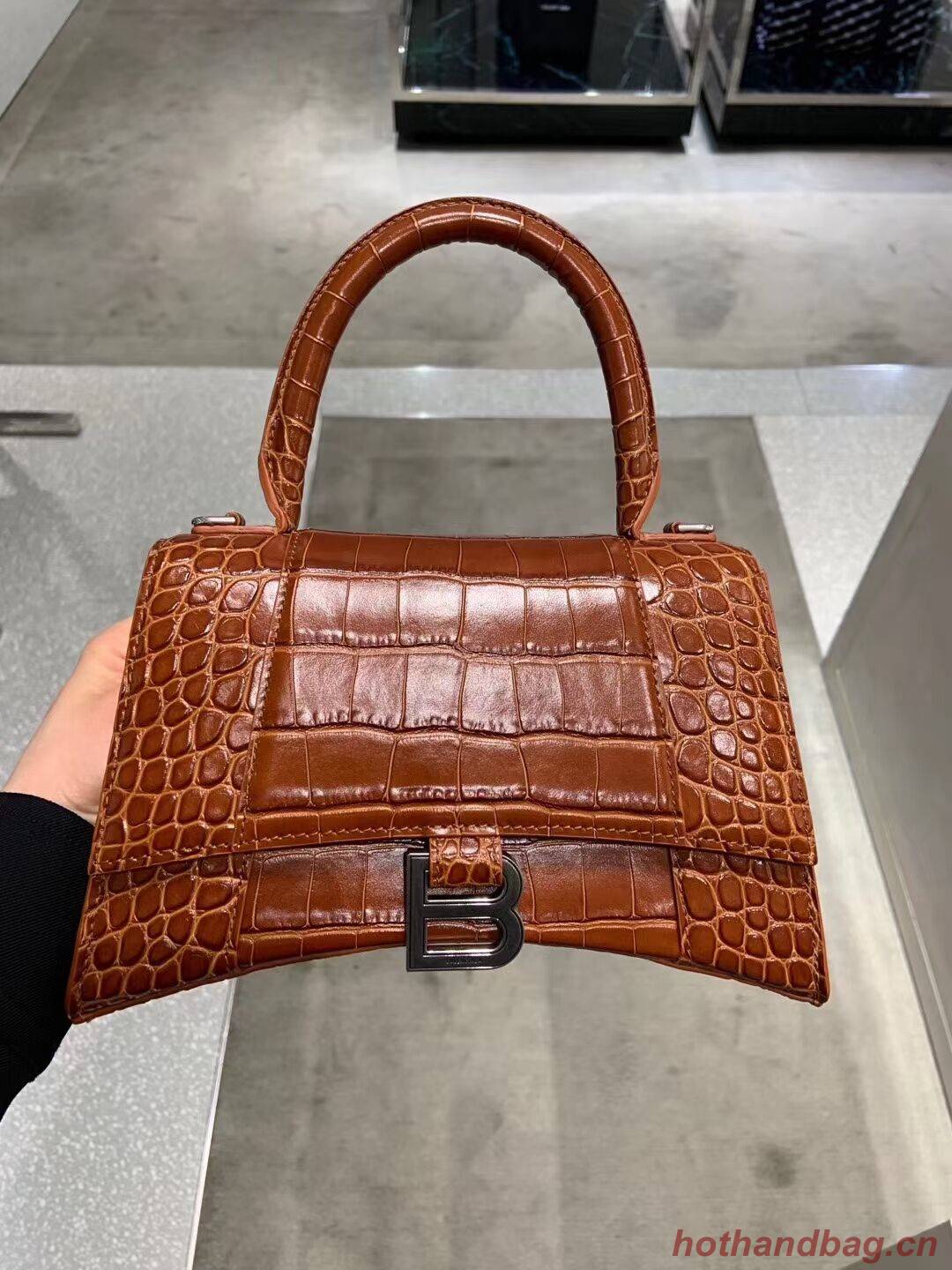 Balenciaga HOURGLASS SMALL TOP HANDLE BAG crocodile embossed calfskin B108895E brown Balenciaga HOURGLASS SMALL TOP HANDLE BAG crocodile embossed calfskin B108895E brown