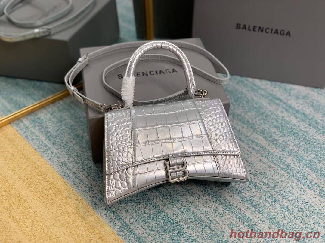 Balenciaga HOURGLASS SMALL TOP HANDLE BAG crocodile embossed calfskin B108895E silver Balenciaga HOURGLASS SMALL TOP HANDLE BAG crocodile embossed calfskin B108895E silver