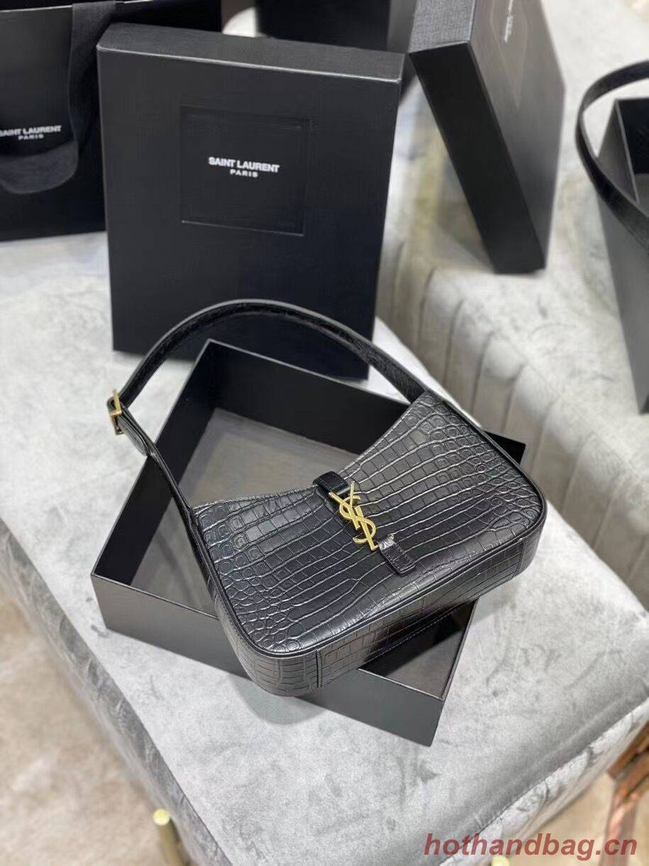 YSL LE 5 A 7 HOBO BAG IN CROCODILE-EMBOSSED SHINY LEATHER Y687228 black YSL LE 5 A 7 HOBO BAG IN CROCODILE-EMBOSSED SHINY LEATHER Y687228 black