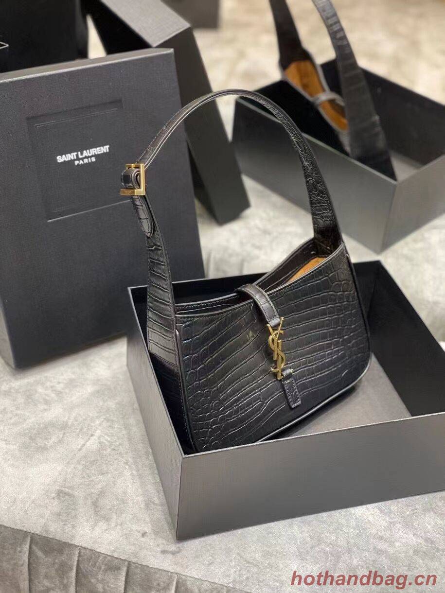 YSL LE 5 A 7 HOBO BAG IN CROCODILE-EMBOSSED SHINY LEATHER Y687228 black YSL LE 5 A 7 HOBO BAG IN CROCODILE-EMBOSSED SHINY LEATHER Y687228 black