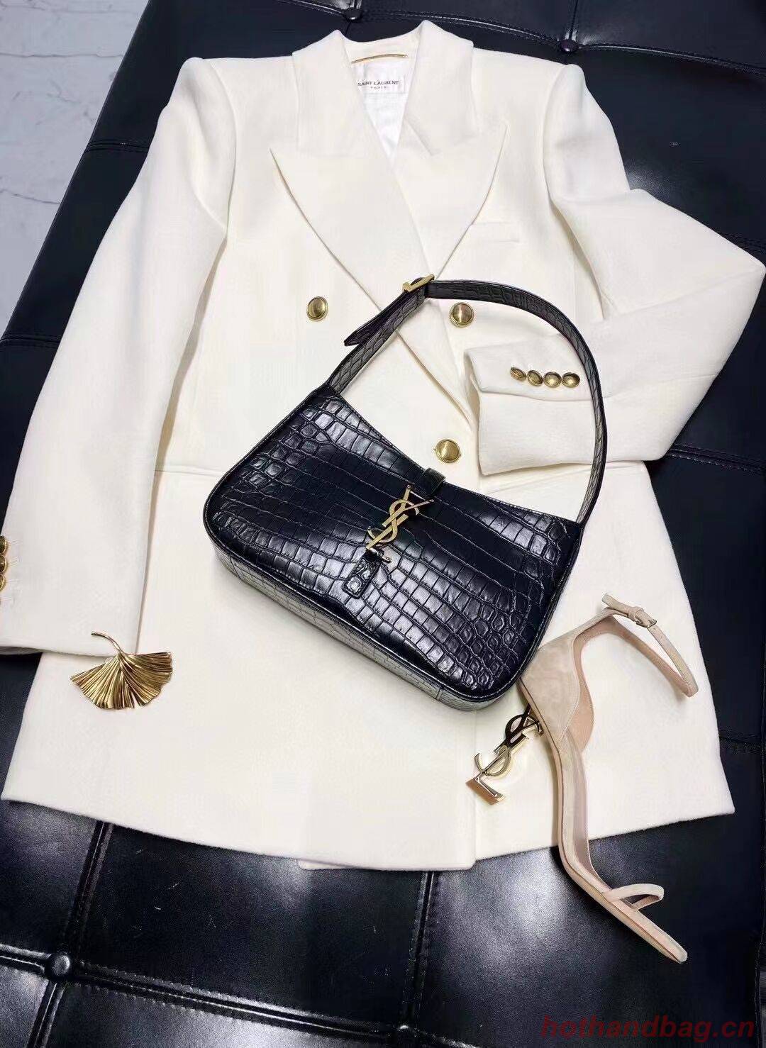 YSL LE 5 A 7 HOBO BAG IN CROCODILE-EMBOSSED SHINY LEATHER Y687228 black YSL LE 5 A 7 HOBO BAG IN CROCODILE-EMBOSSED SHINY LEATHER Y687228 black