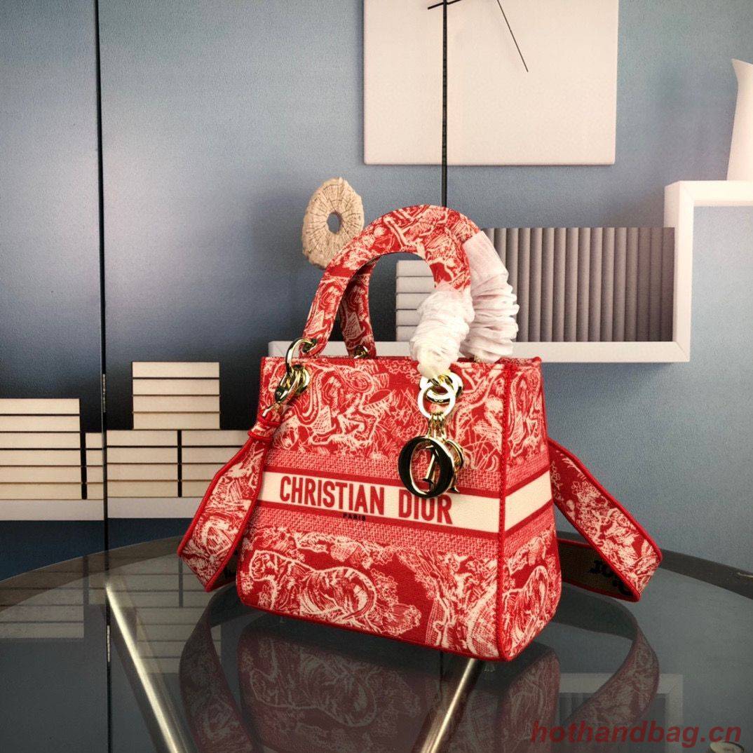 Dior MEDIUM LADY D-LITE BAG Flowers Embroidered Denim M0565OJA Red Dior MEDIUM LADY D-LITE BAG Flowers Embroidered Denim M0565OJA Red