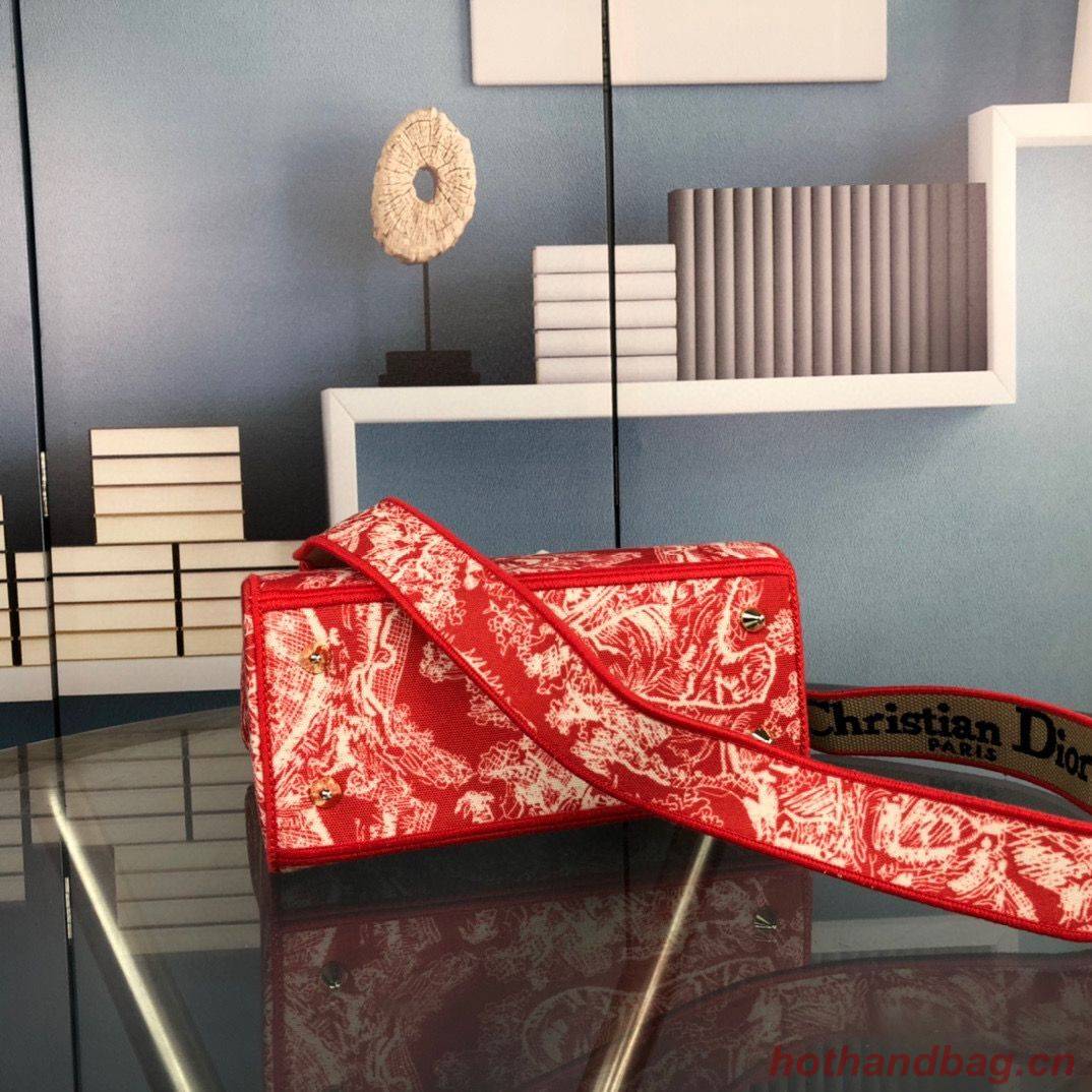 Dior MEDIUM LADY D-LITE BAG Flowers Embroidered Denim M0565OJA Red Dior MEDIUM LADY D-LITE BAG Flowers Embroidered Denim M0565OJA Red