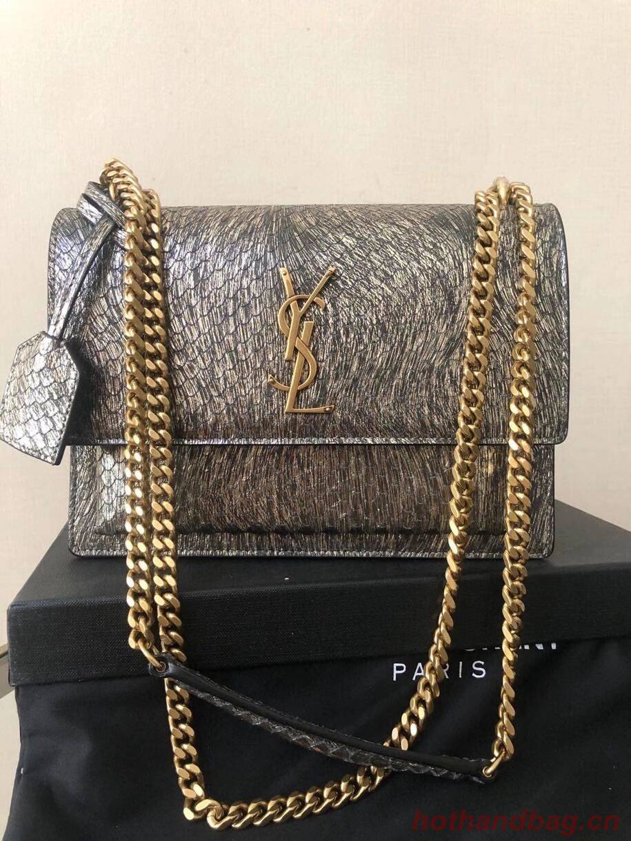 Yves Saint Laurent SUNSET SMALL CHAIN BAG IN SHINY SCALE-EMBOSSED LEATHER Y544296 grey Yves Saint Laurent SUNSET SMALL CHAIN BAG IN SHINY SCALE-EMBOSSED LEATHER Y544296 grey