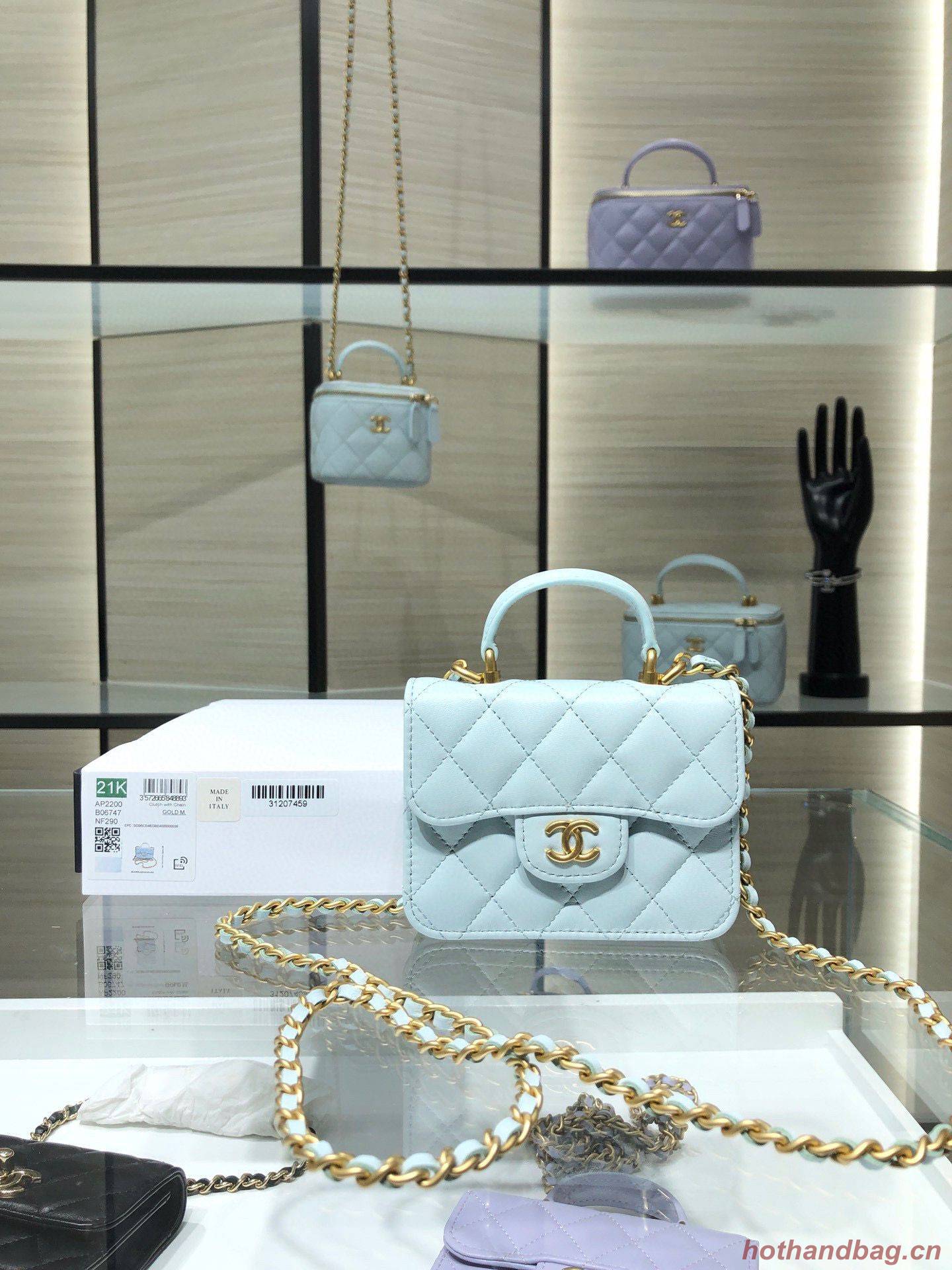 CHANEL Top Handle Micro Mini Wallet On Chain AP2200 Light Blue CHANEL Top Handle Micro Mini Wallet On Chain AP2200 Light Blue