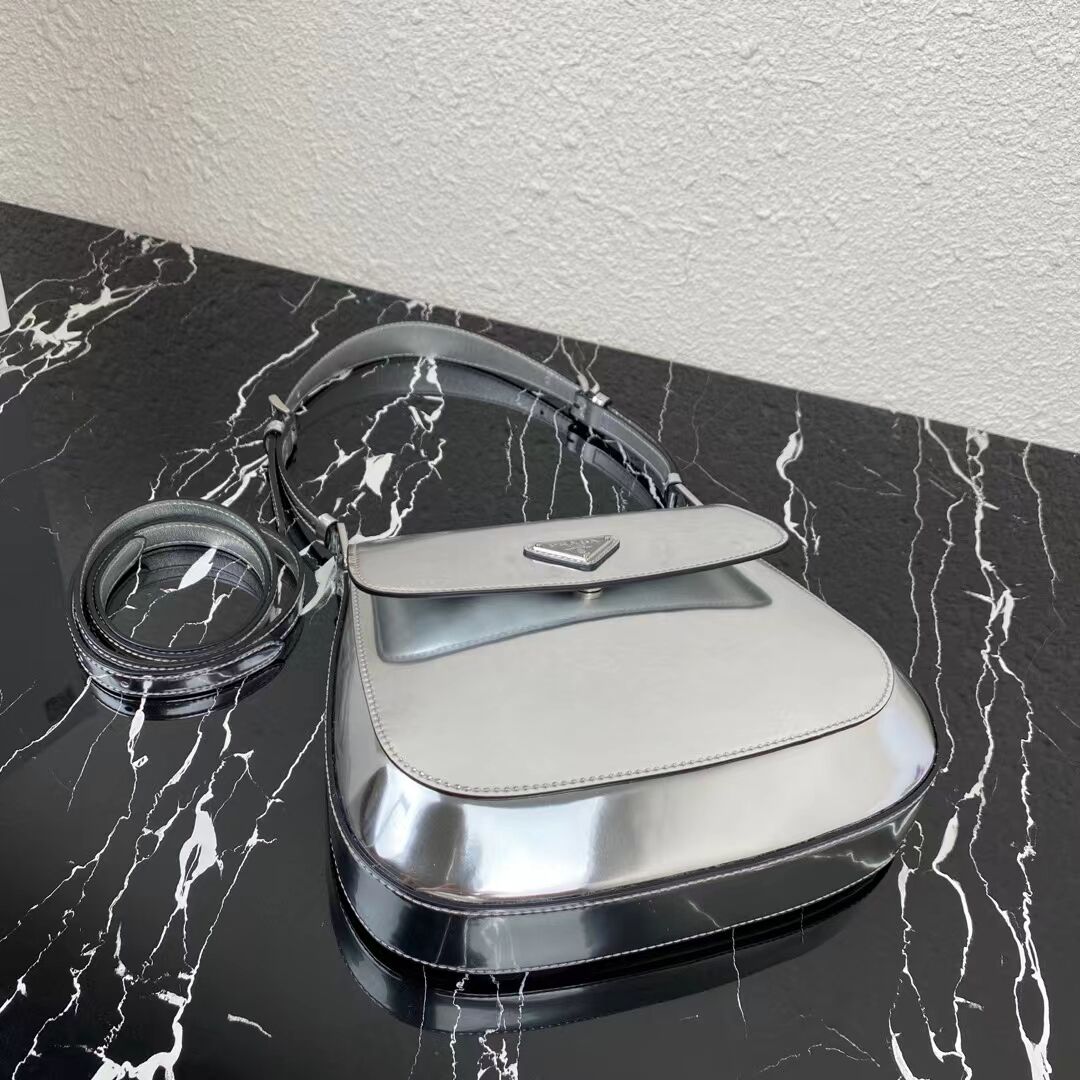 Prada Cleo brushed leather shoulder bag with flap 1BH2755 silver Prada Cleo brushed leather shoulder bag with flap 1BH2755 silver