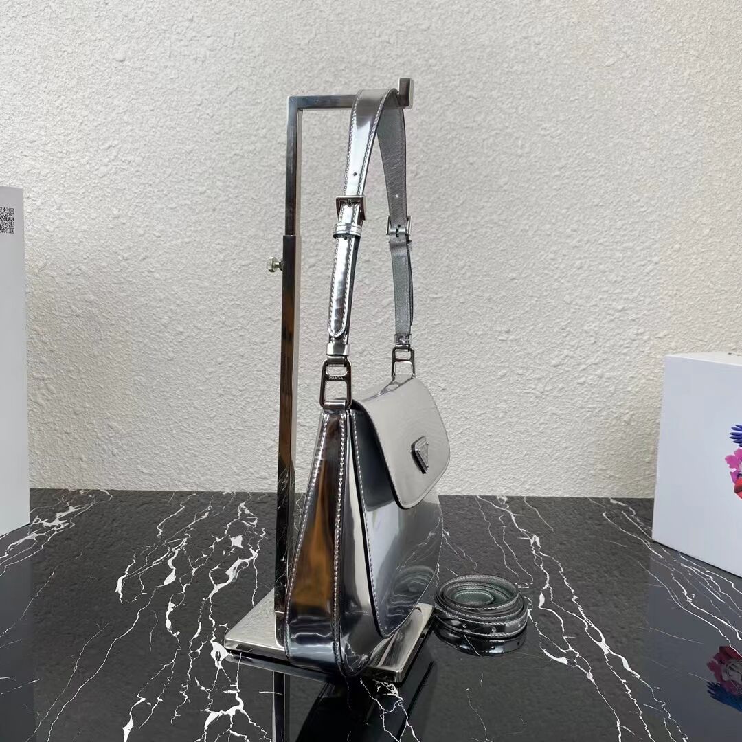 Prada Cleo brushed leather shoulder bag with flap 1BH2755 silver Prada Cleo brushed leather shoulder bag with flap 1BH2755 silver