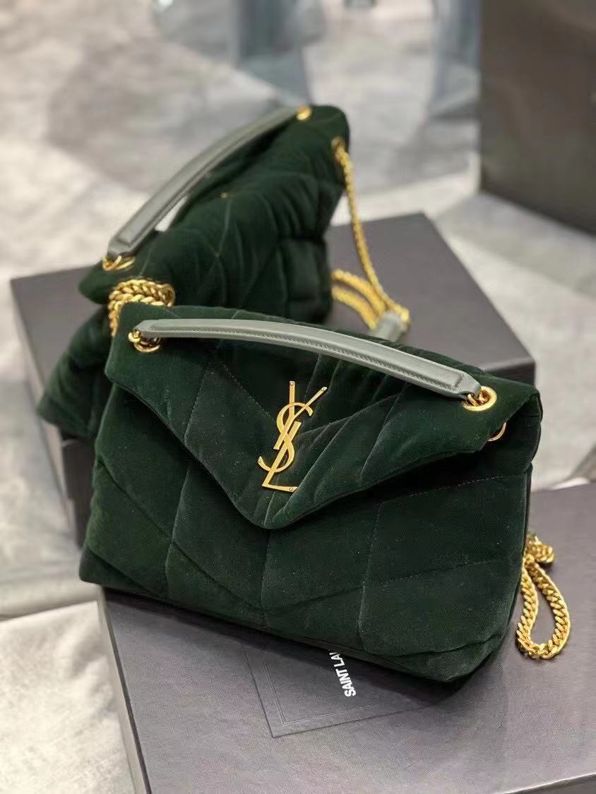 Yves Saint Laurent PUFFER SMALL BAG IN VELVET AND LAMBSKIN 747627 DARK KHAKI Yves Saint Laurent PUFFER SMALL BAG IN VELVET AND LAMBSKIN 747627 DARK KHAKI