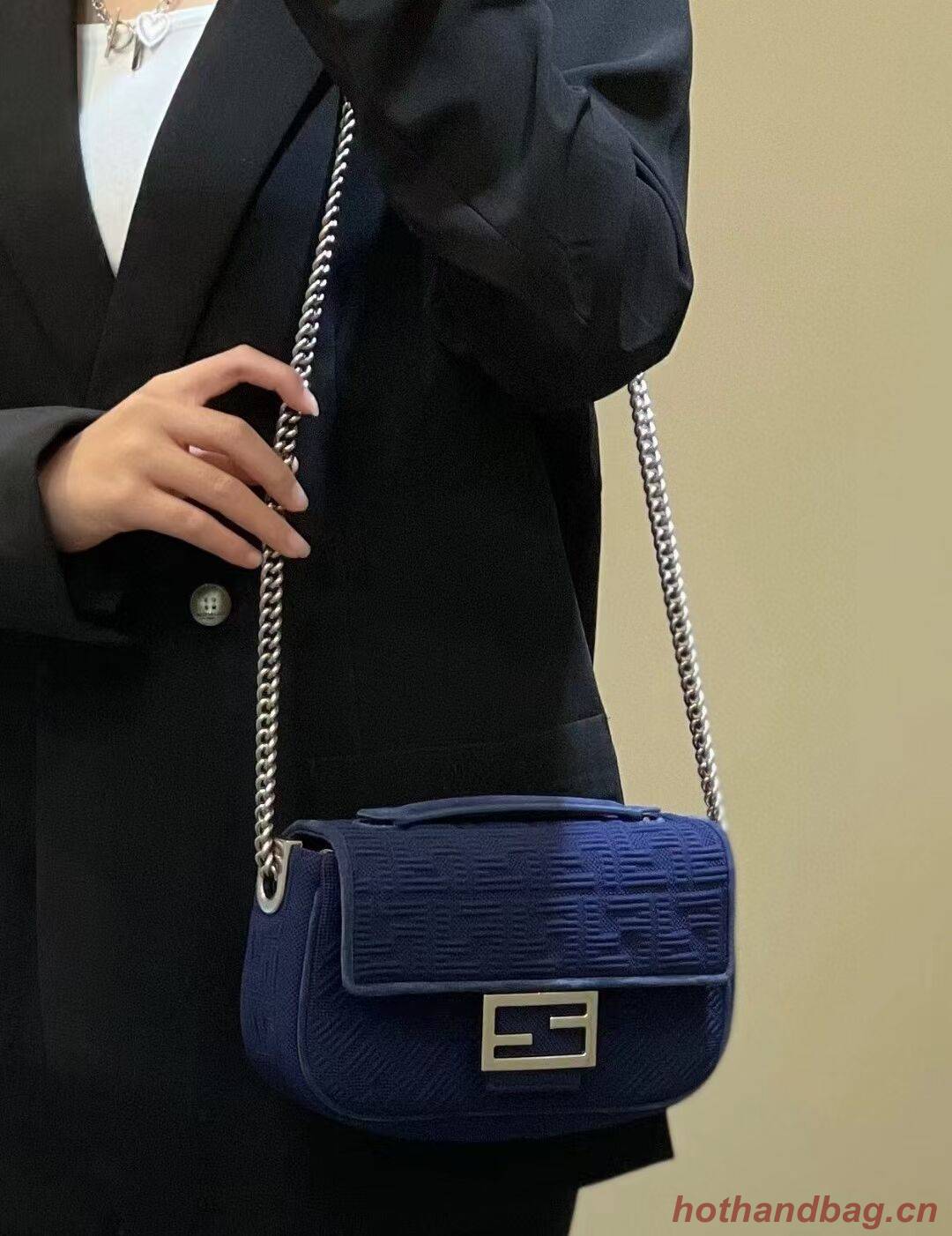 FENDI MIDI BAGUETTE CHAIN FF fabric bag 8BR793 dark blue FENDI MIDI BAGUETTE CHAIN FF fabric bag 8BR793 dark blue