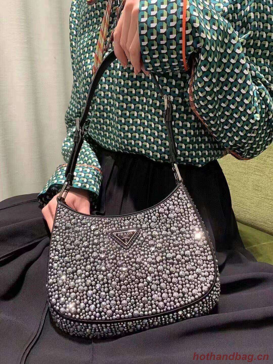 Prada leather shoulder bag with artificial crystals tote 1BN169 black Prada leather shoulder bag with artificial crystals tote 1BN169 black