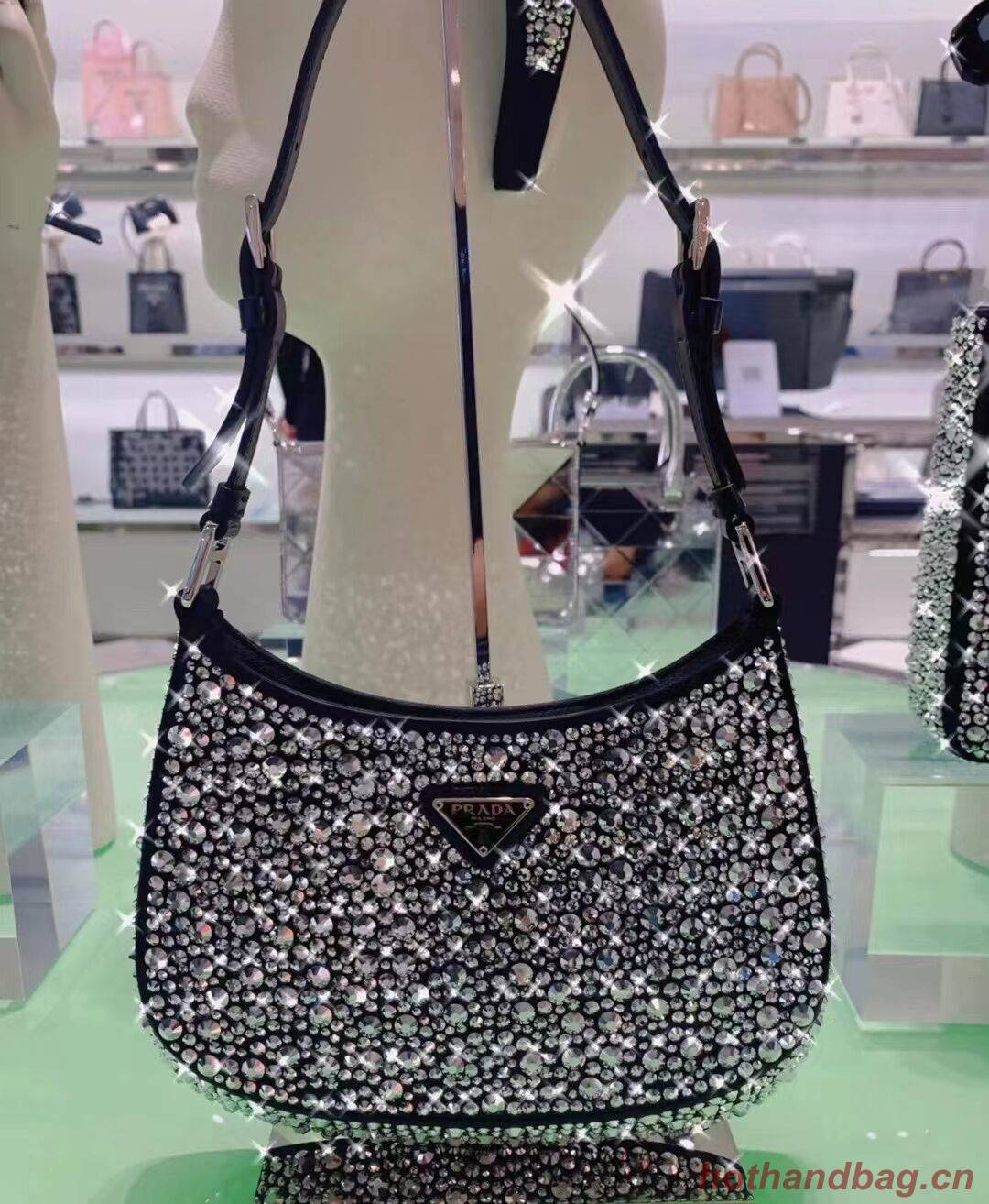 Prada leather shoulder bag with artificial crystals tote 1BN169 black Prada leather shoulder bag with artificial crystals tote 1BN169 black
