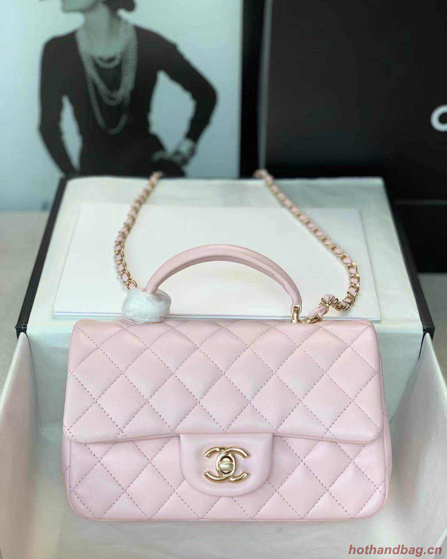 CHANEL mini flap bag with top handle AS2431 light pink CHANEL mini flap bag with top handle AS2431 light pink