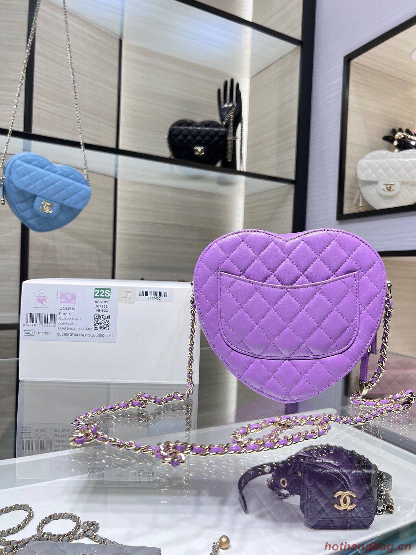 Chanel 2022S Love Heart Original Lambskin Crossbody Chain Bag AS3191Y Purple Chanel 2022S Love Heart Original Lambskin Crossbody Chain Bag AS3191Y Purple