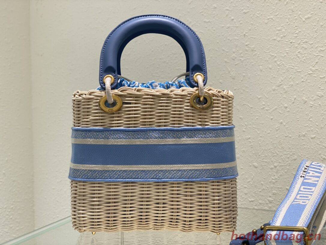 MEDIUM LADY DIOR BAG Natural Wicker and sky Blue Dior Oblique Jacquard M0565 MEDIUM LADY DIOR BAG Natural Wicker and sky Blue Dior Oblique Jacquard M0565