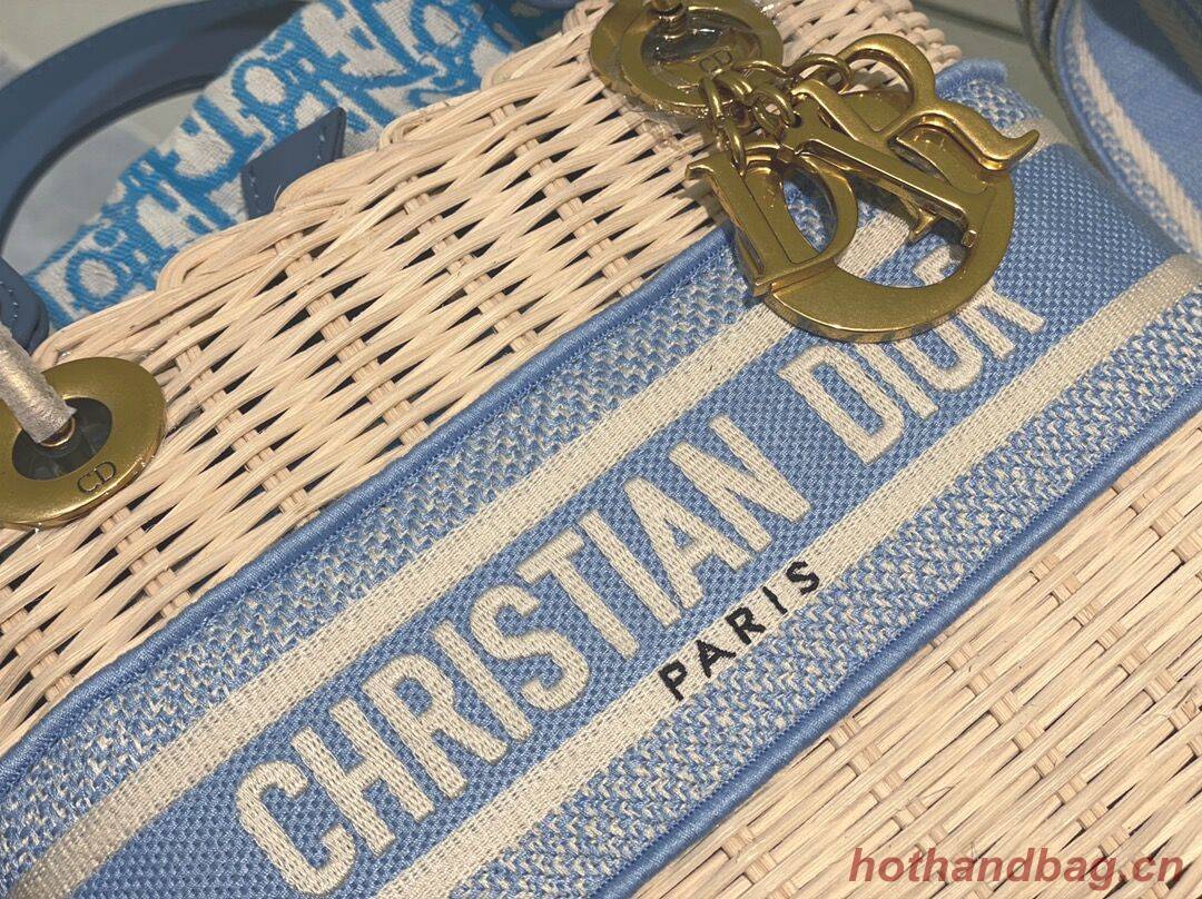 MEDIUM LADY DIOR BAG Natural Wicker and sky Blue Dior Oblique Jacquard M0565 MEDIUM LADY DIOR BAG Natural Wicker and sky Blue Dior Oblique Jacquard M0565