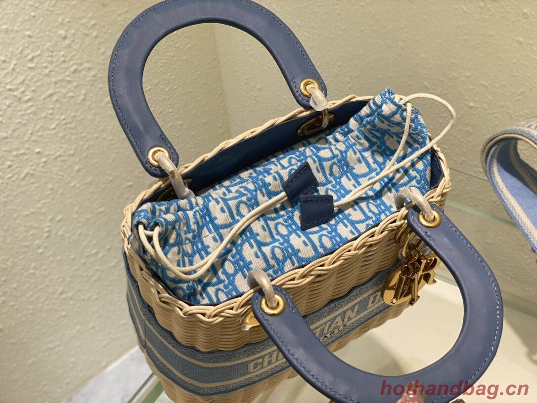 MEDIUM LADY DIOR BAG Natural Wicker and sky Blue Dior Oblique Jacquard M0565 MEDIUM LADY DIOR BAG Natural Wicker and sky Blue Dior Oblique Jacquard M0565