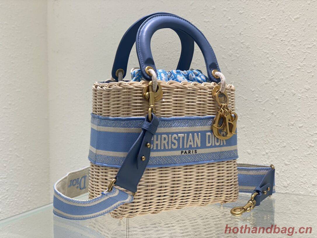 MEDIUM LADY DIOR BAG Natural Wicker and sky Blue Dior Oblique Jacquard M0565 MEDIUM LADY DIOR BAG Natural Wicker and sky Blue Dior Oblique Jacquard M0565