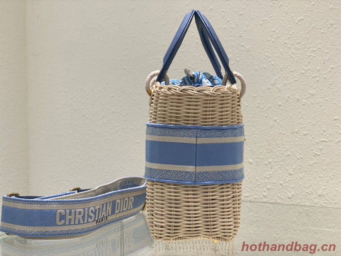 MEDIUM LADY DIOR BAG Natural Wicker and sky Blue Dior Oblique Jacquard M0565 MEDIUM LADY DIOR BAG Natural Wicker and sky Blue Dior Oblique Jacquard M0565