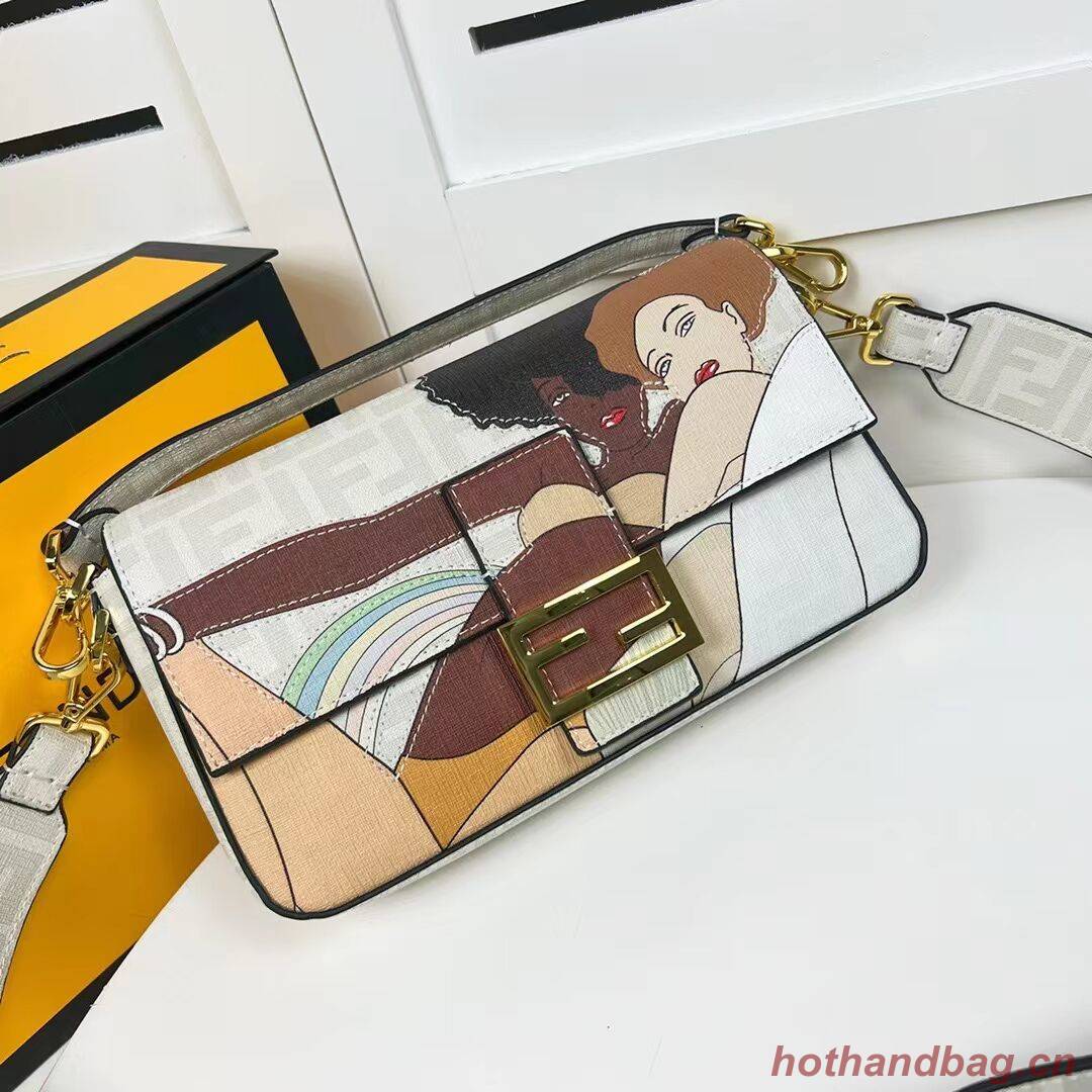 Fendi FF glazed fabric bag with inlay Baguette F0705 gray Fendi FF glazed fabric bag with inlay Baguette F0705 gray