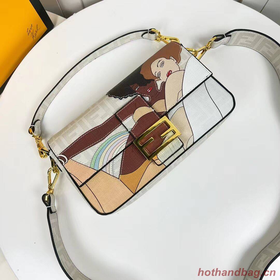 Fendi FF glazed fabric bag with inlay Baguette F0705 gray Fendi FF glazed fabric bag with inlay Baguette F0705 gray