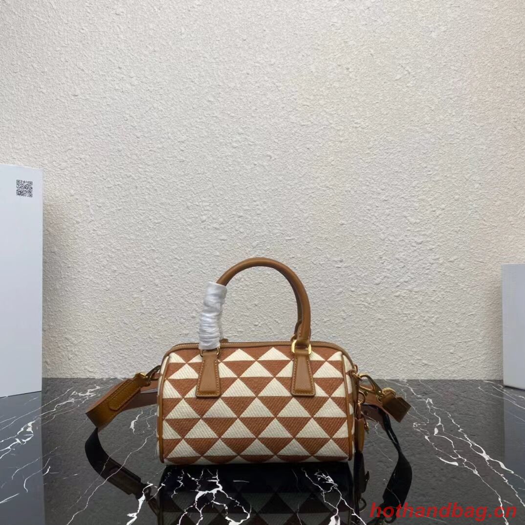 Prada Symbole embroidered jacquard fabric top-handle bag 1BB846 white&brown Prada Symbole embroidered jacquard fabric top-handle bag 1BB846 white&brown