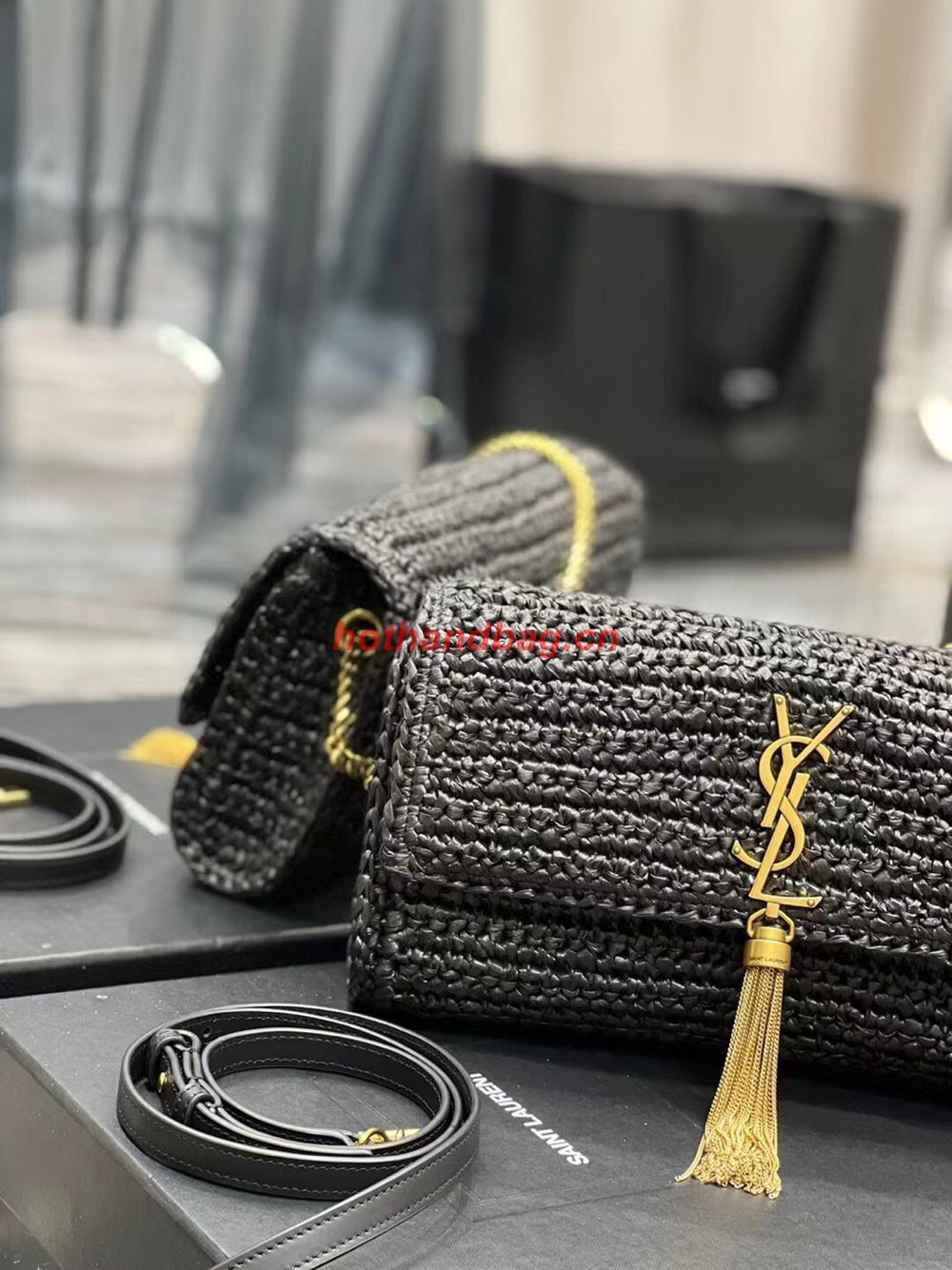 SAINT LAUREN KATE 99 CHAIN BAG WITH TASSEL IN RAFFIA Y664276 black SAINT LAUREN KATE 99 CHAIN BAG WITH TASSEL IN RAFFIA Y664276 black