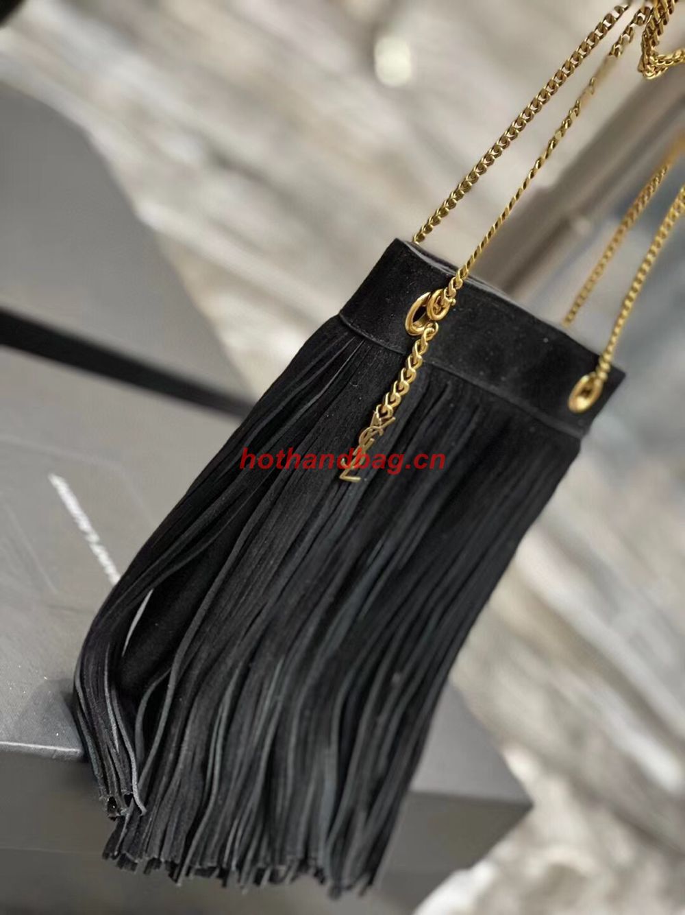 SAINT LAURENT SMALL CHAIN BAG IN LIGHT SUEDE WITH FRINGES 683378 BLACK SAINT LAURENT SMALL CHAIN BAG IN LIGHT SUEDE WITH FRINGES 683378 BLACK
