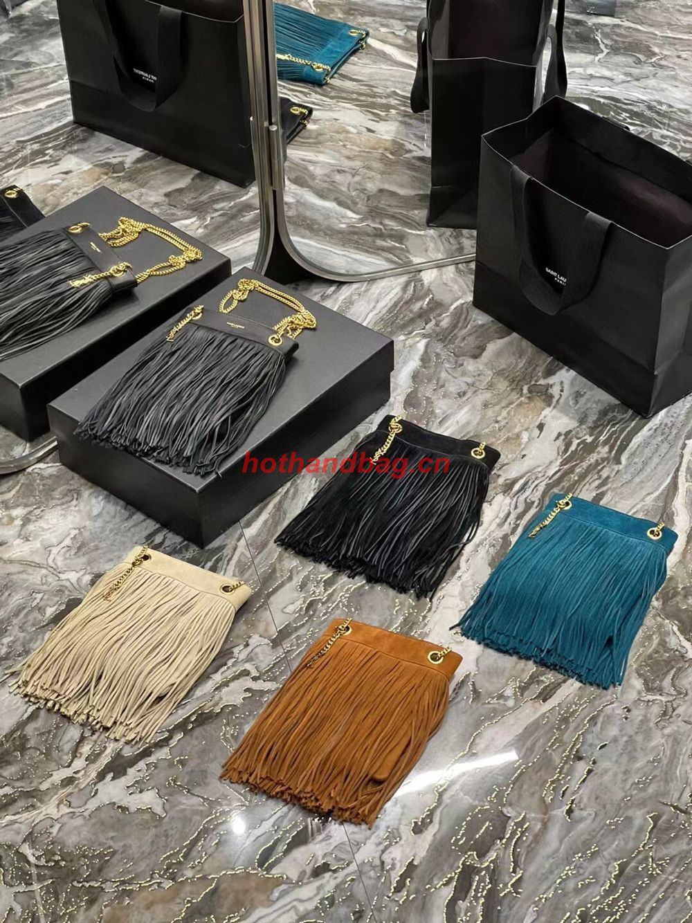 SAINT LAURENT SMALL CHAIN BAG IN LIGHT SUEDE WITH FRINGES 683378 GRAY SAINT LAURENT SMALL CHAIN BAG IN LIGHT SUEDE WITH FRINGES 683378 GRAY