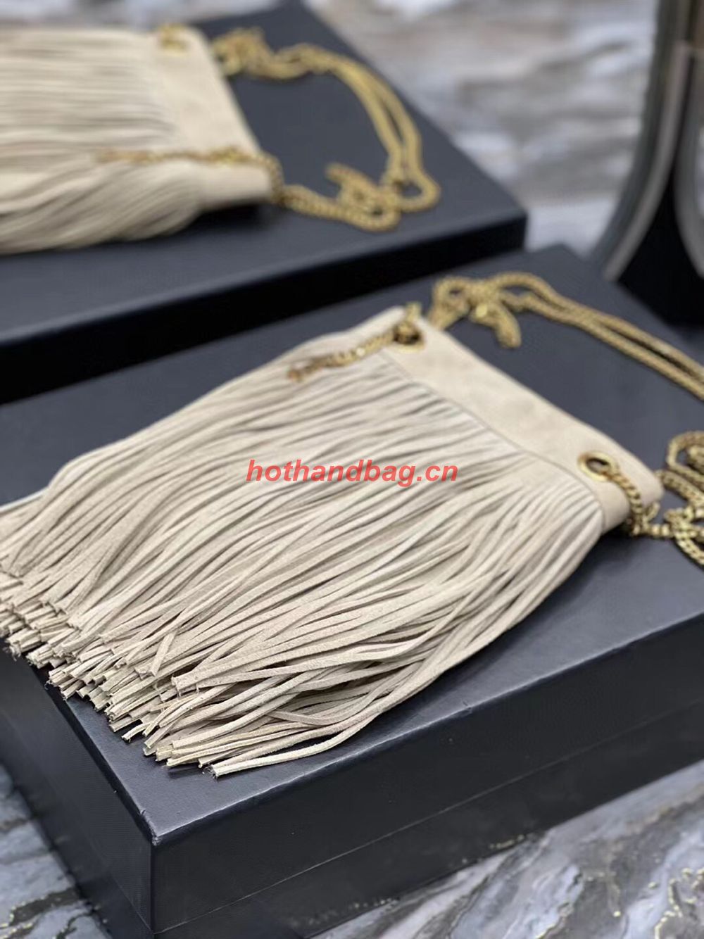 SAINT LAURENT SMALL CHAIN BAG IN LIGHT SUEDE WITH FRINGES 683378 GRAY SAINT LAURENT SMALL CHAIN BAG IN LIGHT SUEDE WITH FRINGES 683378 GRAY